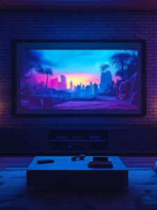 a retro styled home theater with a large screen, two armchairs, and a coffee table in front of it. the room is lit by neon lights, giving it a futuristic feel. a retro styled home theater with a large screen, two armchairs, and a coffee table in front of it. the room is lit by neon lights, giving it a futuristic feel.